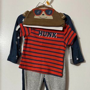 Carter's Newborn Boys 4-Pcs Monkey "Hunk" Hat Sleeper Shirt & Pants Set NEW